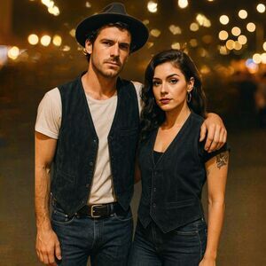 VTG Don’t Stop Classics Black Suede Leather Vest L Western Rockabilly Snap Front